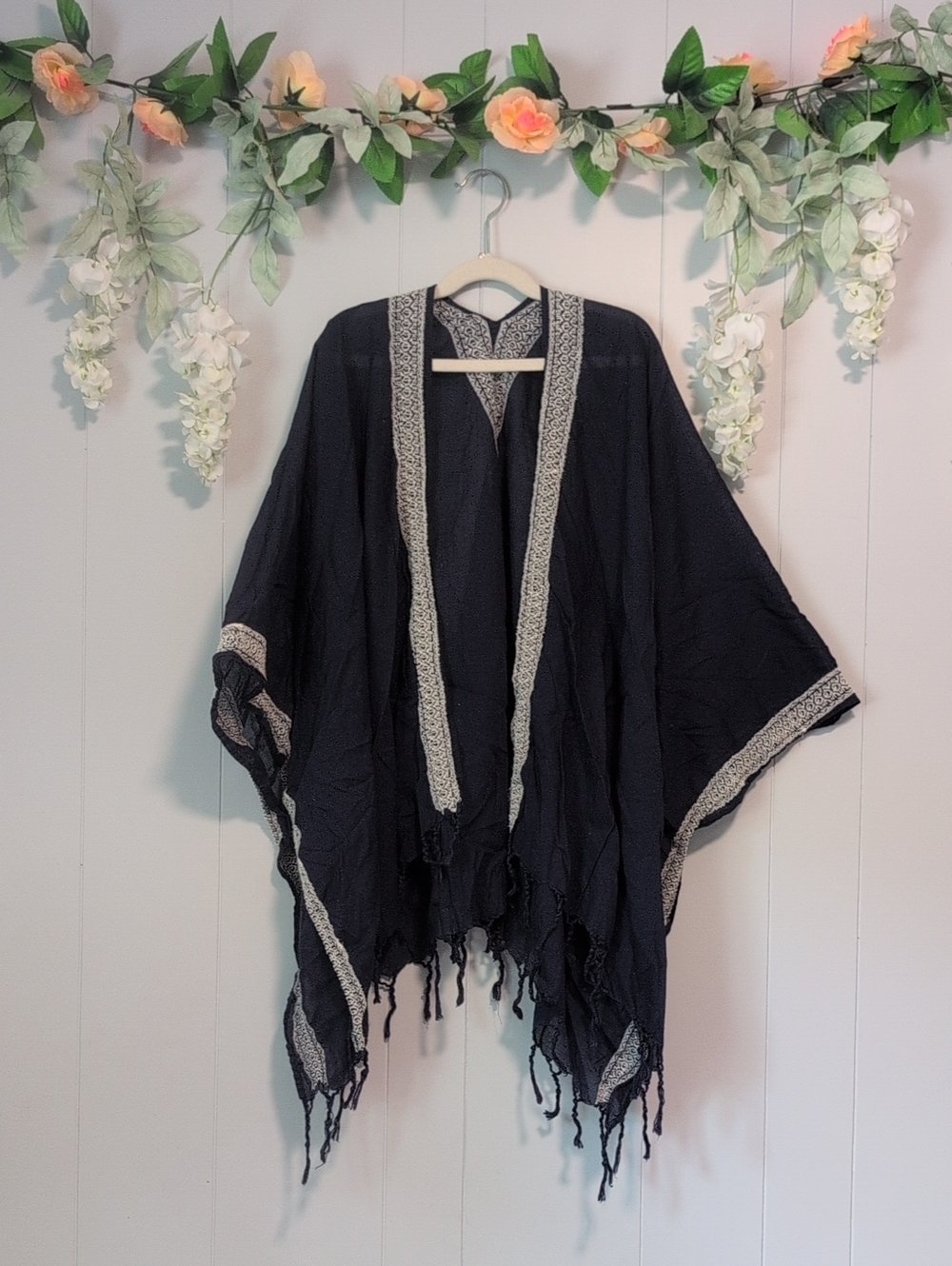 Aerie Blue Boho Fringe Kimono Cover Up Poncho